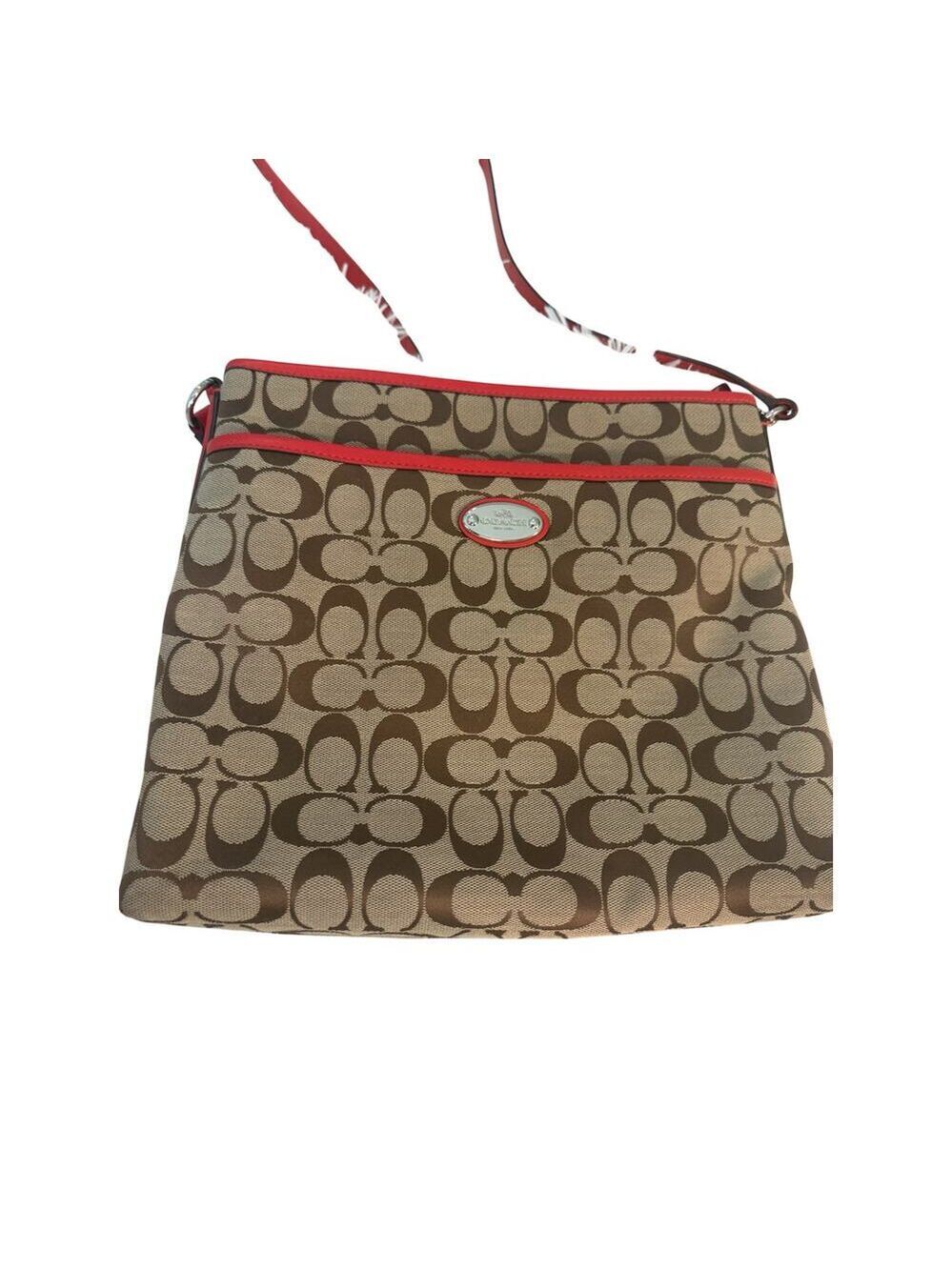 COACH Tan w/Red Trim Crossbody Zipper Closure Red Buckle Strap Purse